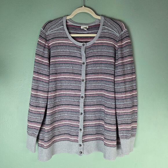 LL Bean Womens Cardigan Sweater 3X Fair Isle Nordic Gray Holiday Cashmere Blend - Picture 1 of 6